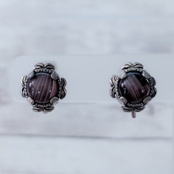 Vintage Clip On Earrings Dark Purple with Dark Silver Tone Ornate Setting - Picture 1 of 12